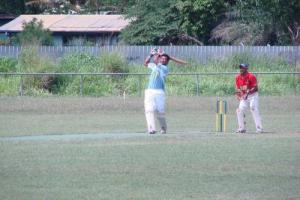 Telikom Titans Assad Vala hitting one of his huge sixes in thier round 2 match agaisnt Steamships Hardware.