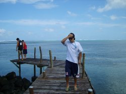 Willie poses for the camera while Seve and Andrew investigates the warm waters of Samoa