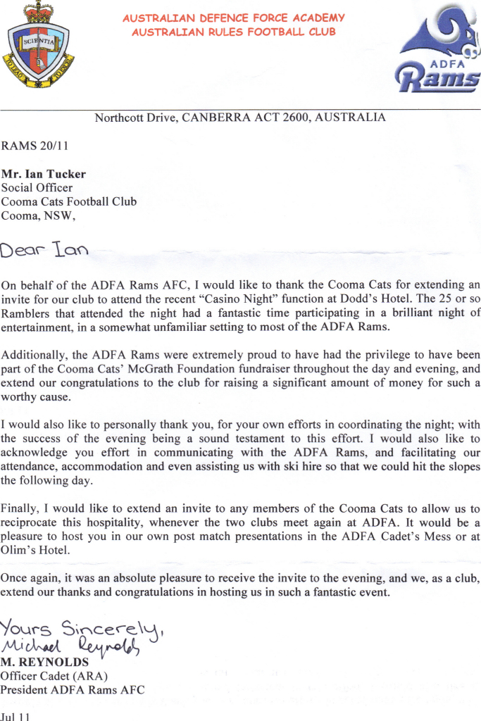 Letter from Appreciation - ADFA Rams Football Club - Southern Cats ...