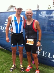 James McInerney and Gino after completing the Geelong Long-Course Triathlon