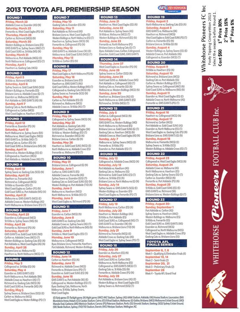 Footy Tipping Competition Whitehorse Pioneers GameDay